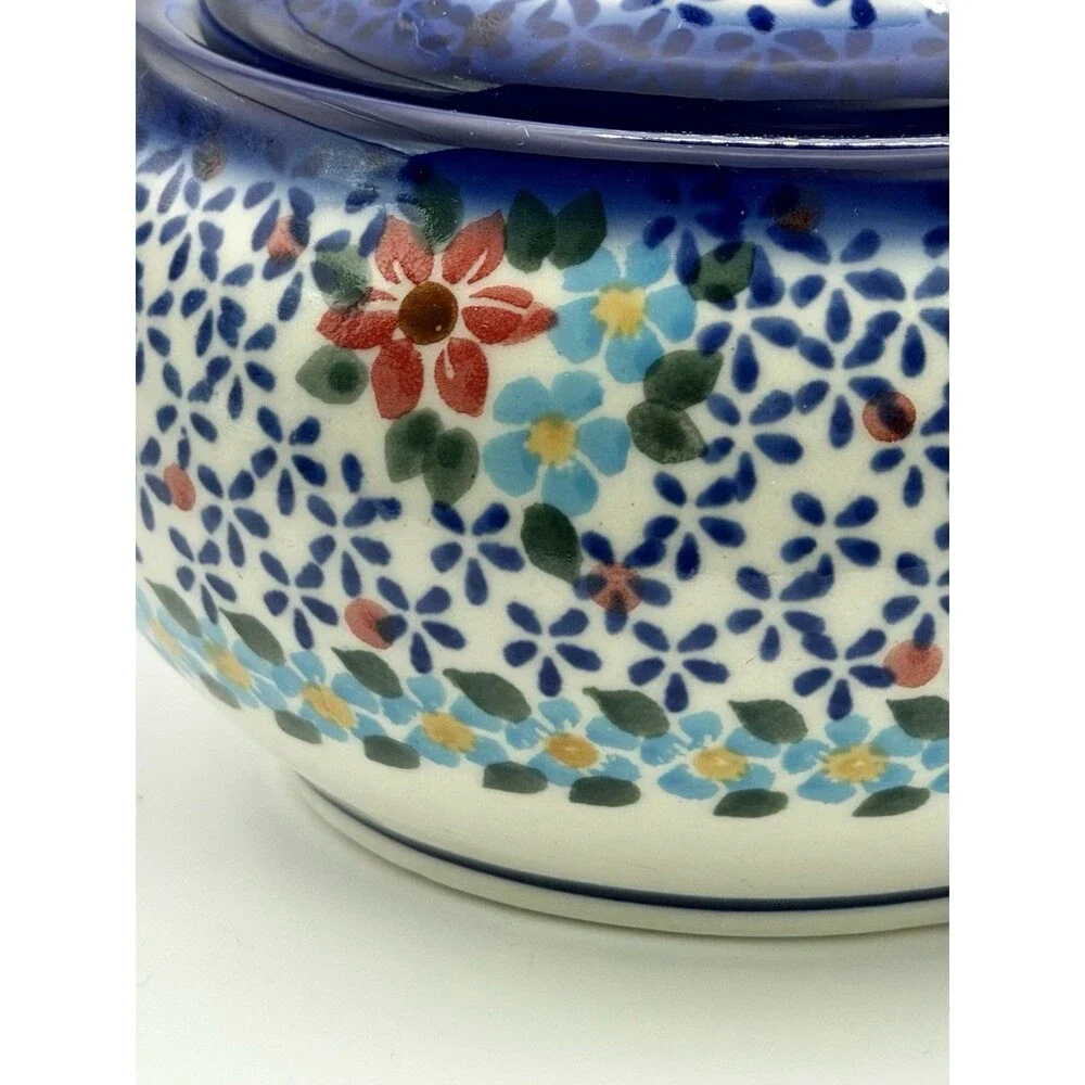 Ceramika Boleslawiec Handmade Blue & White Floral Ceramic Jar with Lid 6” Dia